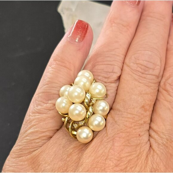 Vintage 14K Gold Cocktail Ring With Cultured Pearls & Diamonds Size 6.75 HS81 - Picture 12 of 16